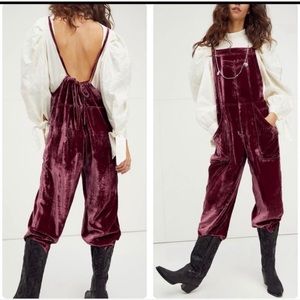 Free People Burgundy Velvet Overalls Size M